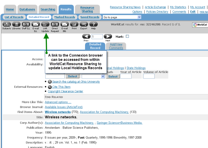 A link to the Connexion browser can be accessed from within WorldCat Resource Sharing to update Local Holdings Records