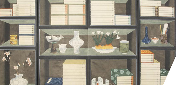 Books and vases on shelves painted on a screen door