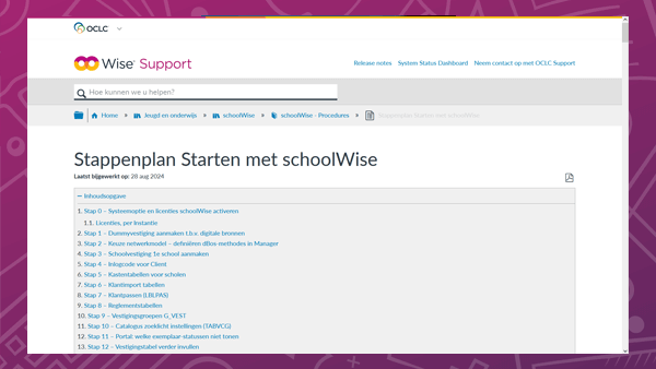 Screenshot van de handleiding voor het opzetten van een nieuwe school in schoolWise