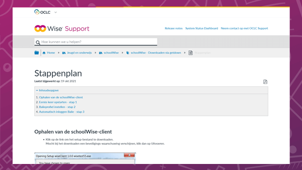 Screenshot van de handleiding voor het downloaden van de schoolWise Client