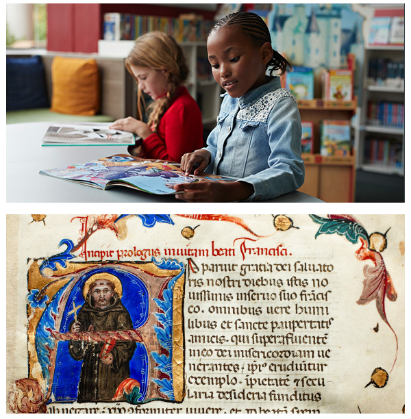 Illustration: Children in a school library; Art research illuminated manuscript