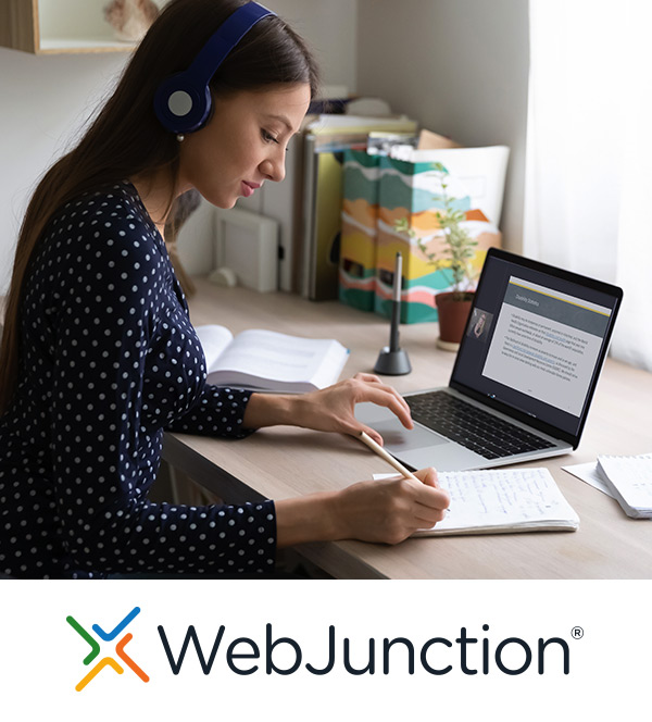 Illustration: Woman taking online training program through WebJunction