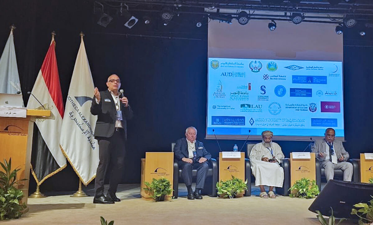 Photo: Speaker onstage at IFLA Arab Chapter meeting in Egypt