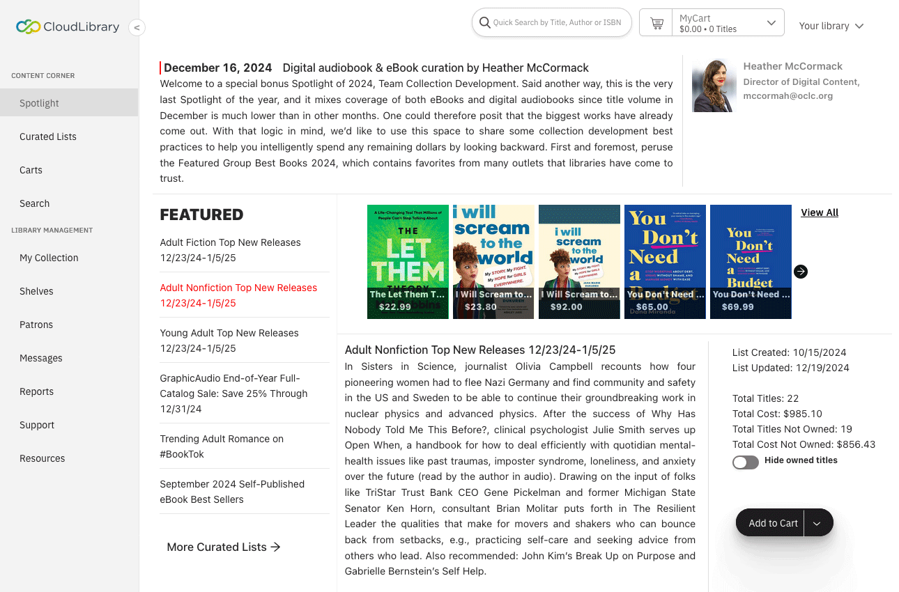 CloudLibrary interface: Spotlight landing page