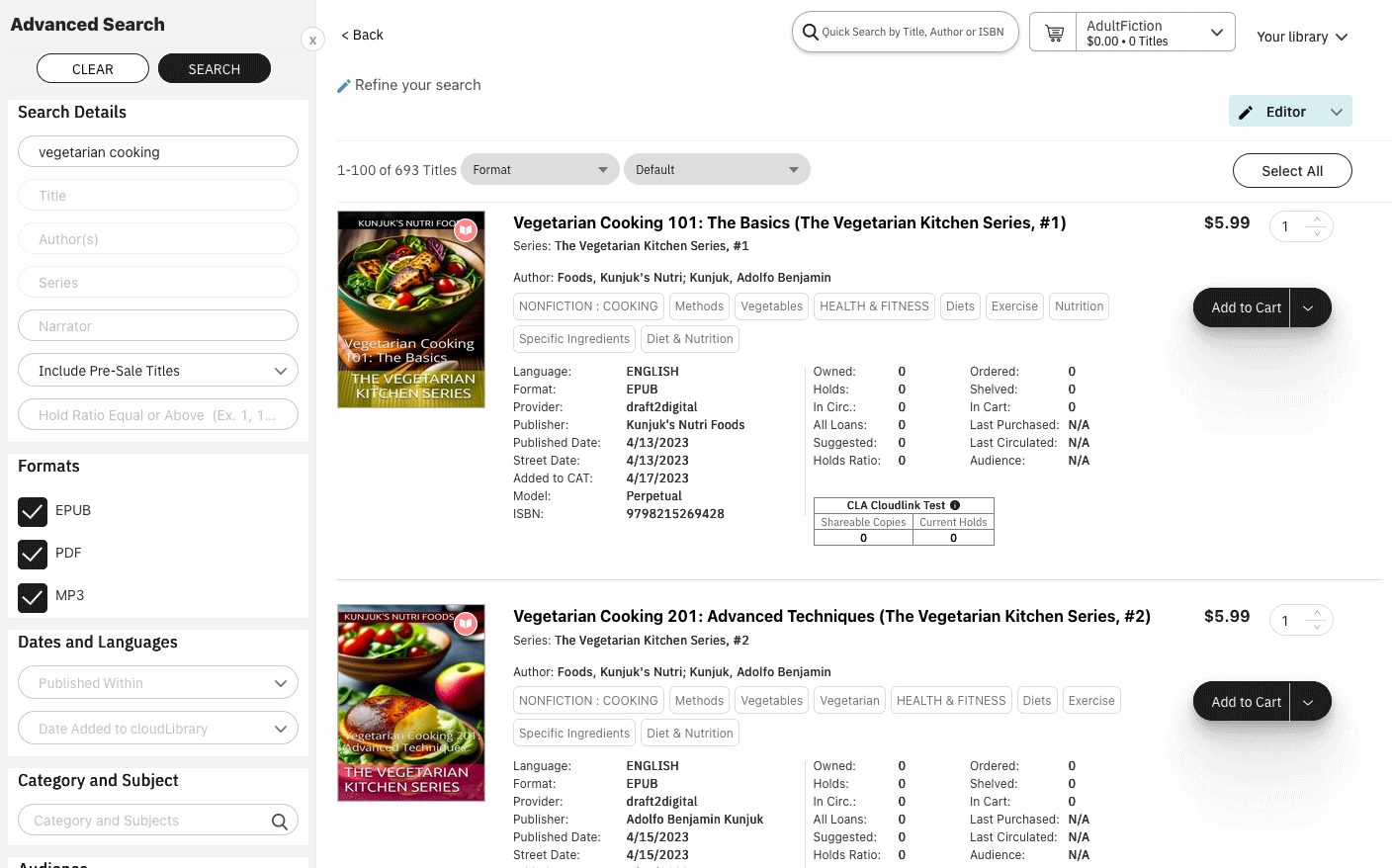CloudLibrary interface: Advanced search results