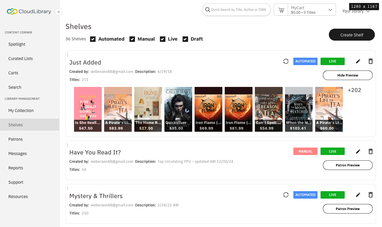cloudLibrary interface: Management of featured title shelves
