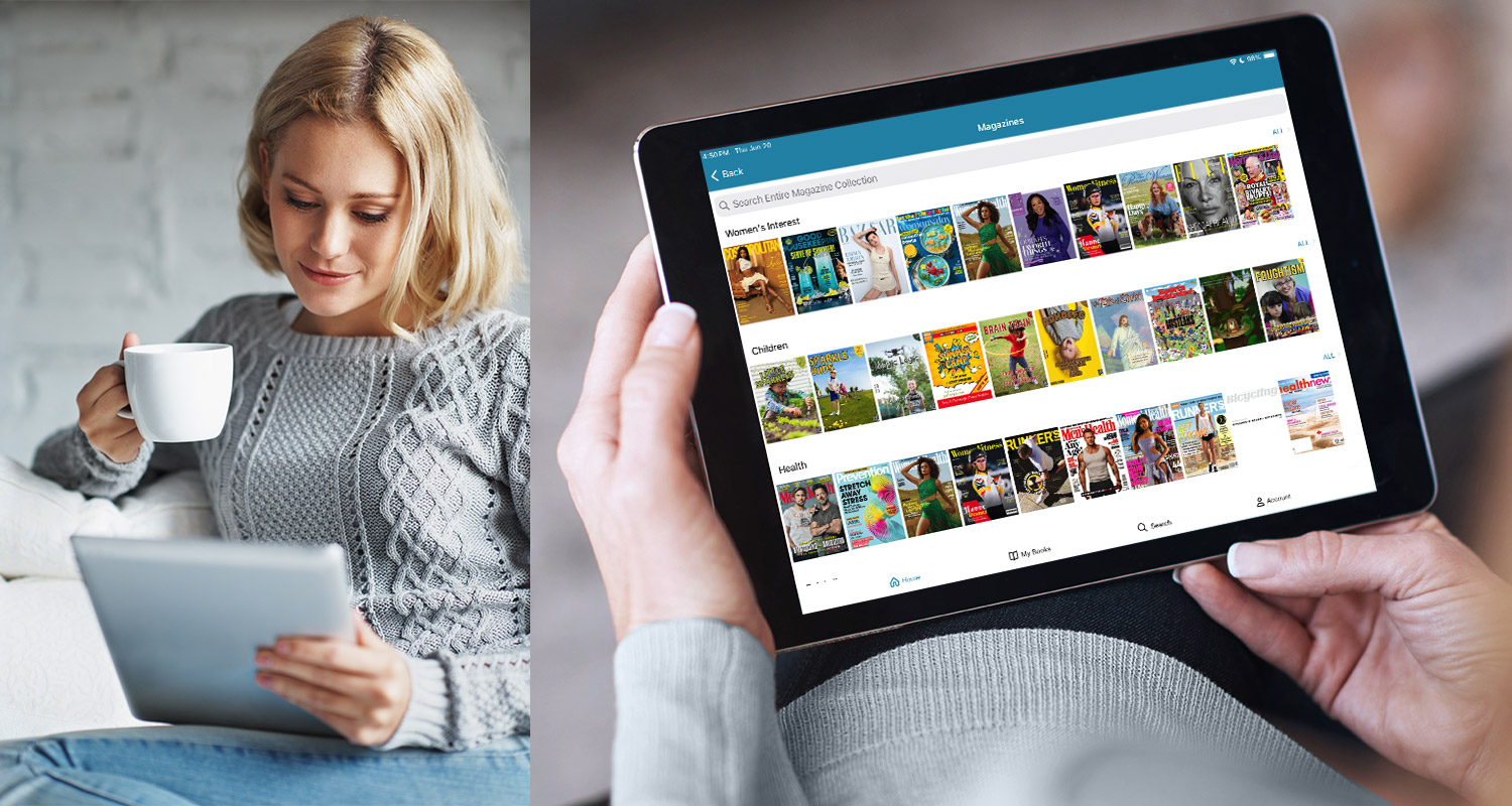 Photo illustration: Woman browsing e-book and e-audiobook titles on CloudLibrary tablet app