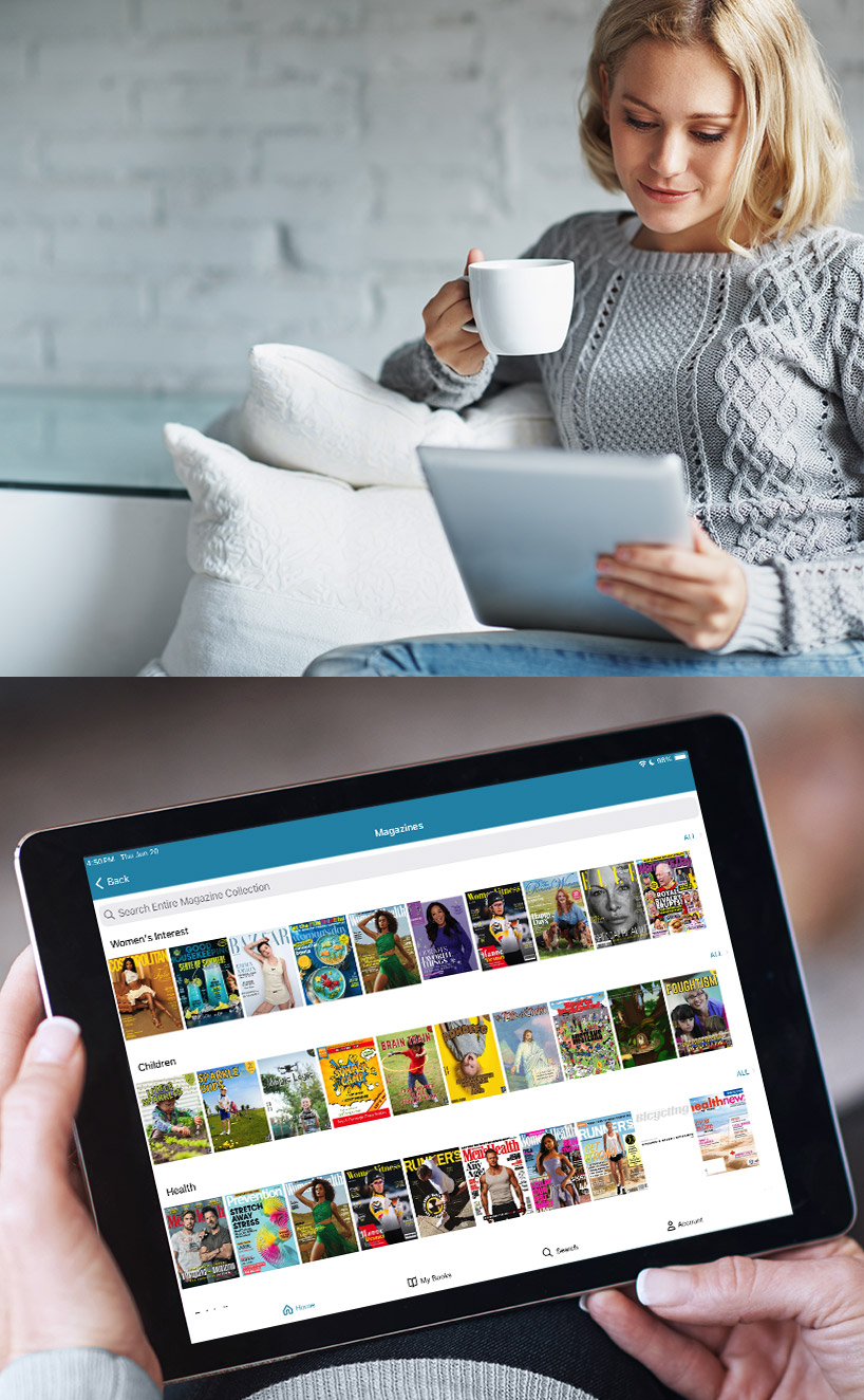 Photo illustration: Woman browsing e-book and e-audiobook titles on CloudLibrary tablet app