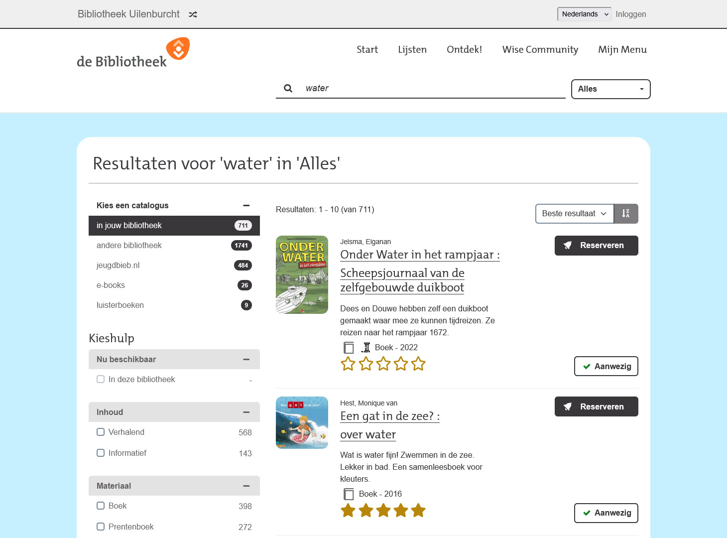 Screenshot van de zoekresultatenpagina van juniorWise voor de zoekterm 'water', met 711 resultaten en filteropties links. De eerste twee resultaten zijn boeken: 'Onder Water in het rampjaar' en 'Een gat in de zee?' Screenshot van de zoekresultatenpagina van juniorWise voor de zoekterm 'water', met 711 resultaten en filteropties links. De eerste twee resultaten zijn boeken: 'Onder Water in het rampjaar' en 'Een gat in de zee?'