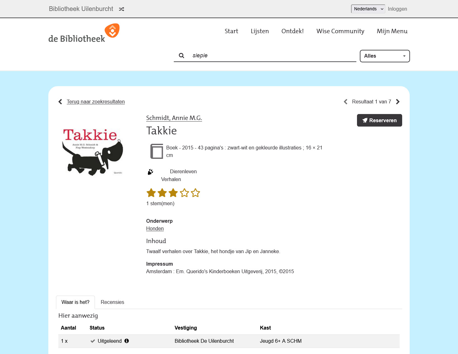 Screenshot van de titeldetailpagina van het boek 'Takkie' van Annie M.G. Schmidt, met informatie over het kinderboek. Screenshot van de titeldetailpagina van het boek 'Takkie' van Annie M.G. Schmidt, met informatie over het kinderboek.