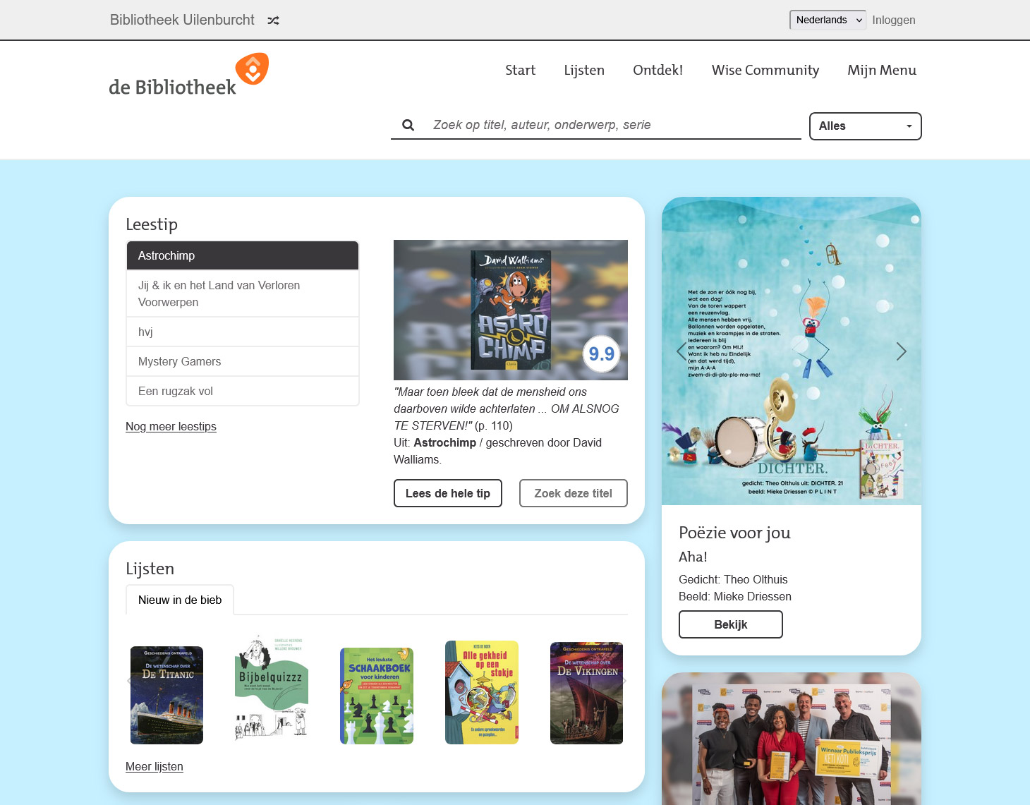 Screenshot van de homepagina van juniorWise met leestips, lijsten en boekpromotie. Screenshot van de homepagina van juniorWise met leestips, lijsten en boekpromotie.
