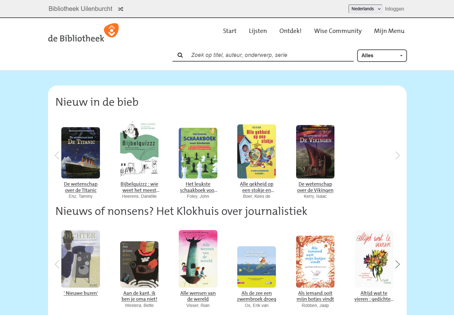 Screenshot van de lijstenpagina van juniorWise met twee boekencarrousels: 'Nieuw in de bieb' en 'Nieuw of nonsens? Het Klokhuis over journalistiek. Screenshot van de lijstenpagina van juniorWise met twee boekencarrousels: 'Nieuw in de bieb' en 'Nieuw of nonsens? Het Klokhuis over journalistiek.