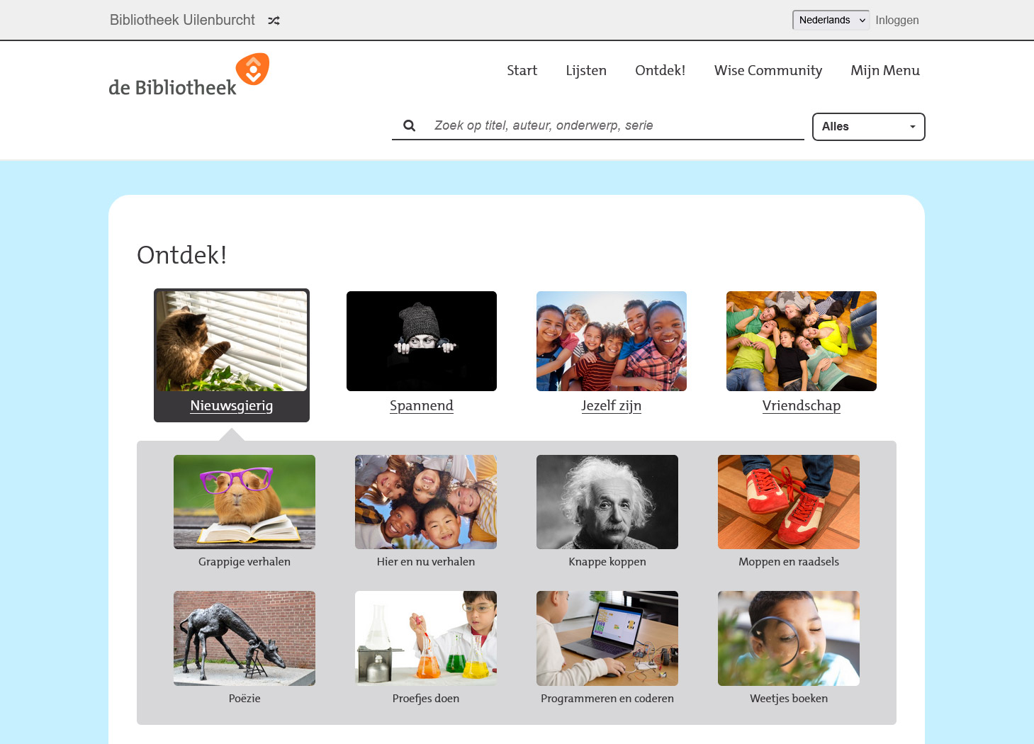 Screenshot van de Ontdek!-pagina van juniorWise met verschillende thematische categorieën zoals Nieuwsgierig, Spannend, Jezelf zijn en Grappige verhalen, elk vertegenwoordigd door een afbeelding. Screenshot van de Ontdek!-pagina van juniorWise met verschillende thematische categorieën zoals Nieuwsgierig, Spannend, Jezelf zijn en Grappige verhalen, elk vertegenwoordigd door een afbeelding.