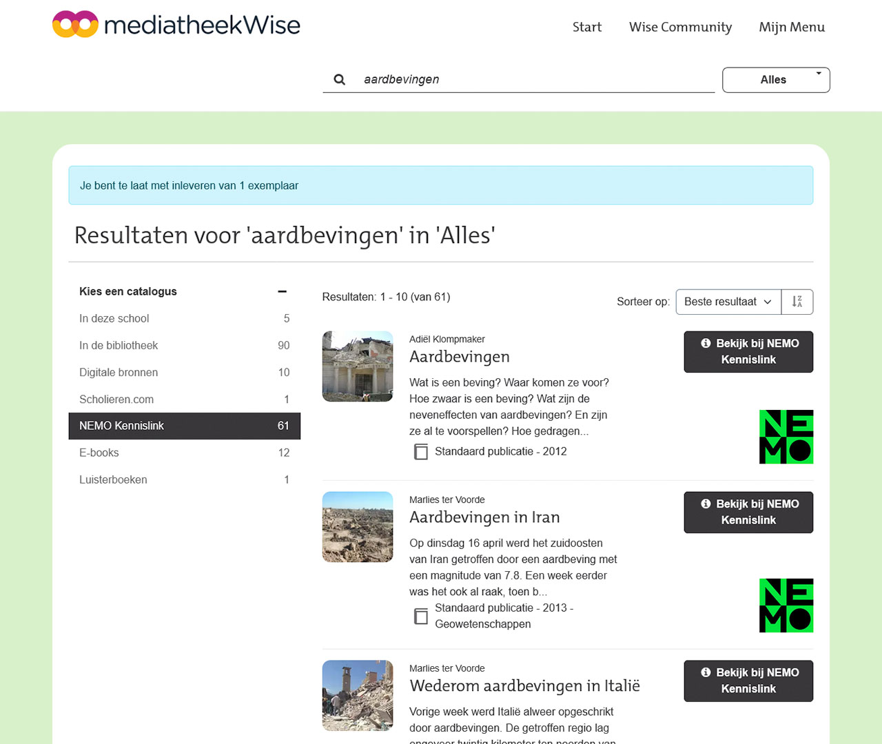 Screenshot van zoekresultaten voor 'aardbevingen' in mediatheekWise, met drie NEMO Kennislink-artikelen over aardbevingen
