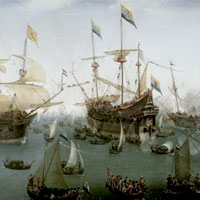 Pintura: El regreso a Ámsterdam de la segunda expedición a las Indias orientales, Hendrik Cornelisz Vroom, 1599, cortesía de Rijksmuseum [fotografía]