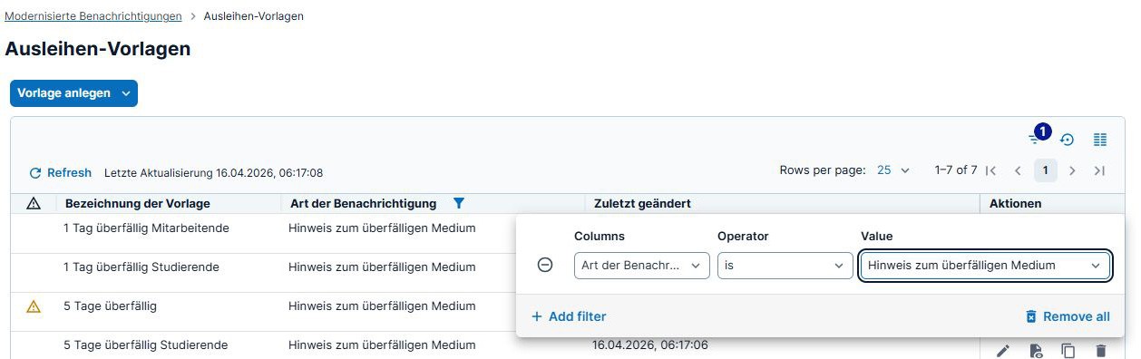 Screenshot: Filteroptionen für eine Liste von Vorlagen 