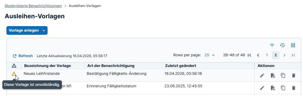 Screenshot: Hinweis auf unvollständige Vorlage in der Vorlagenliste