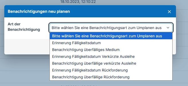 Screenshot: Auswahl der neu zu planenden Benachrichtigungsart aus einer Dropdown-Liste