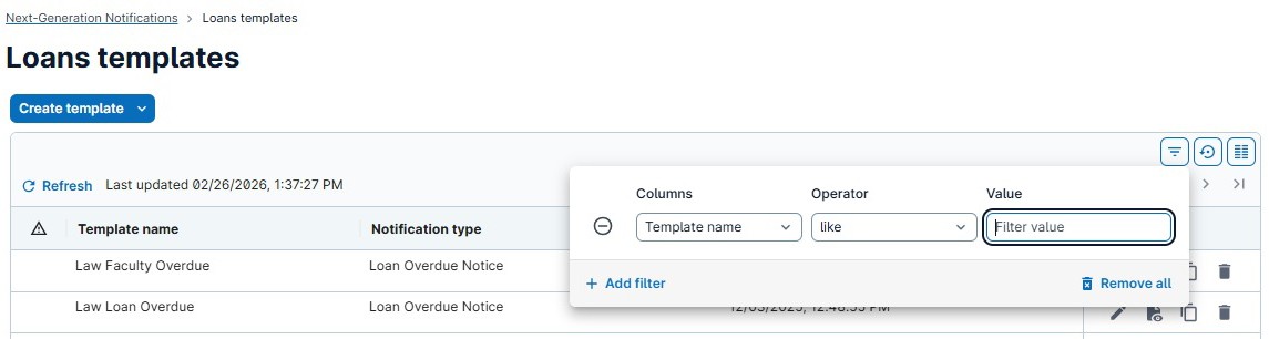 Screenshot: Filtering option for a list of templates 