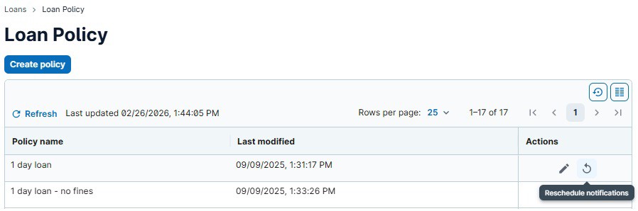 Screenshot: Reschedule notifications option on the Policy page list