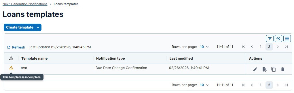 Screenshot: Incomplete template indicator on the templates list