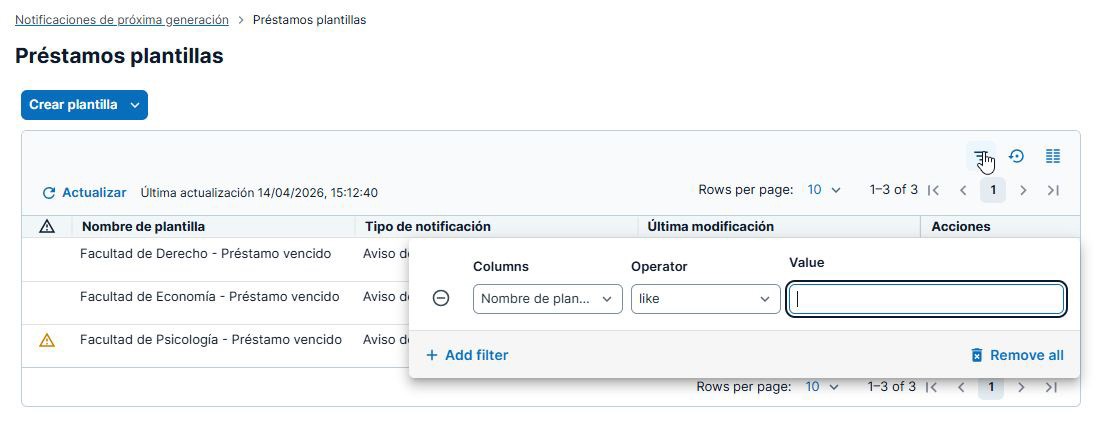 Captura de pantalla: Opción de filtrado para una lista de plantillas 