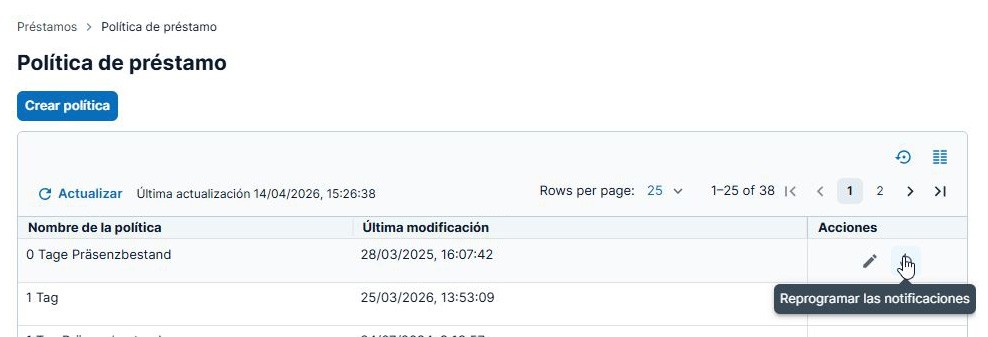 Captura de pantalla: Opción de reprogramar notificaciones en la lista de la página de políticas