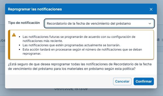 Captura de pantalla: Revisión y confirmación de las notificaciones reprogramadas