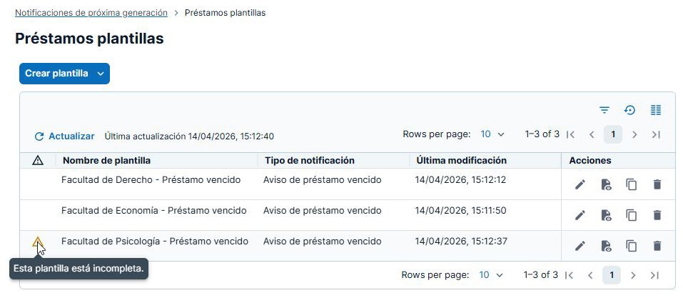 Captura de pantalla: Indicador de plantilla incompleta en la lista de plantillas