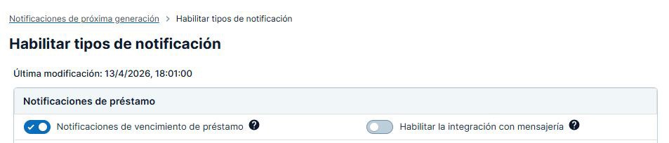 Captura de pantalla: Botón para habilitar las Notificaciones de Próxima Generación (NGN) en la pantalla de Habilitar tipos de notificación