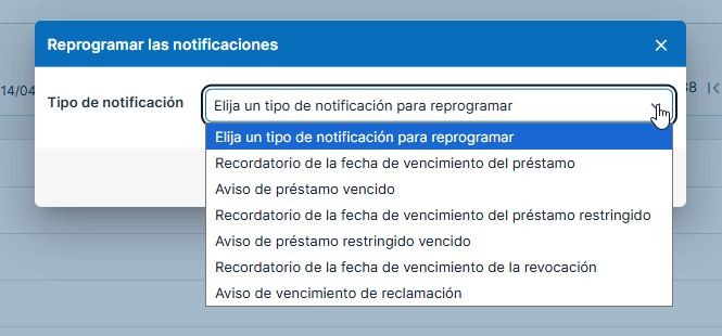 Captura de pantalla: Selección del tipo de notificación a reprogramar desde una lista desplegable