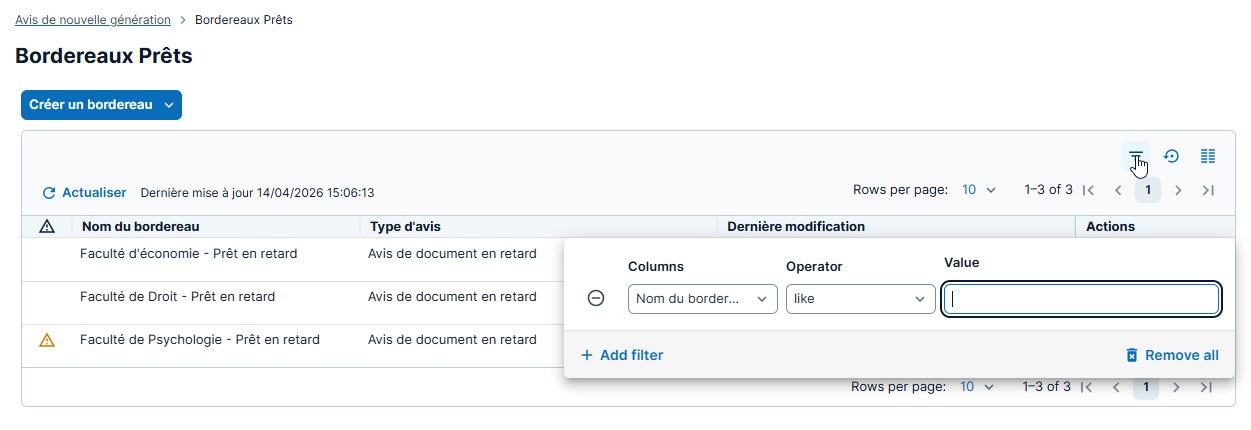 Capture d'écran: Options de filtre pour la liste de bordereaux 
