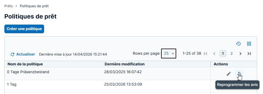 Capture d'écran: Reprogrammer les avis dans l'écran des Politiques