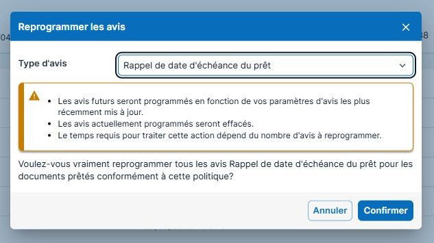 Capture d'écran: Révision et confirmation de la reprogrammation des avis
