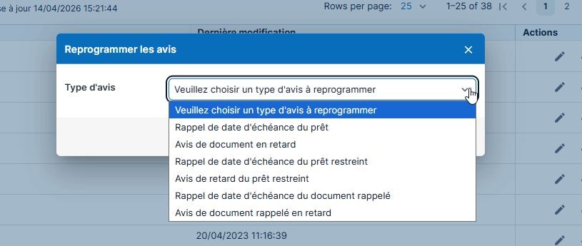 Capture d'écran: Sélection du type d'avis à reprogrammer dans la liste déroulante