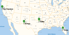 Karte mit den Standorten der El Paso Public Library, der Dallas Public Library, der San Francisco Public Library und der Tampa-Hillsborough County Public Library
