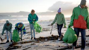 Foto: Mehrere Menschen, die gemeinsam einen Strand säubern