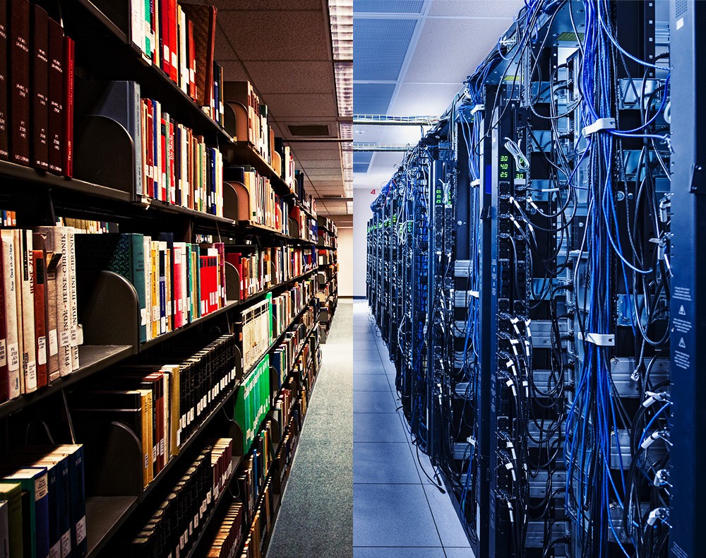 Inset: Library shelves and servers Inset: Library shelves and servers