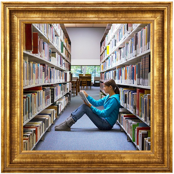 Photo illustration: Library scene in gold frame