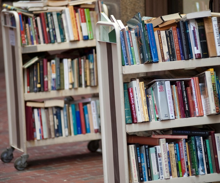 Clear your cataloging backlog with shelf-ready materials without adding staff Books on cart in library