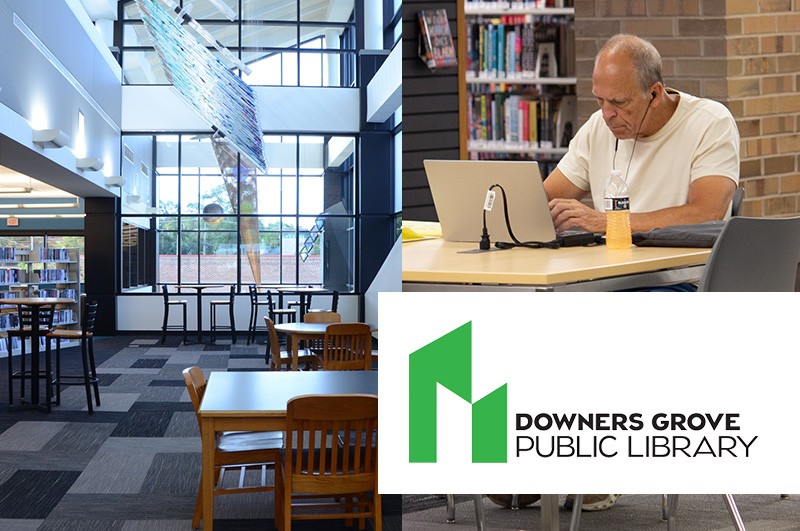Photo: Downers Grove Public Library interior, person working at laptop