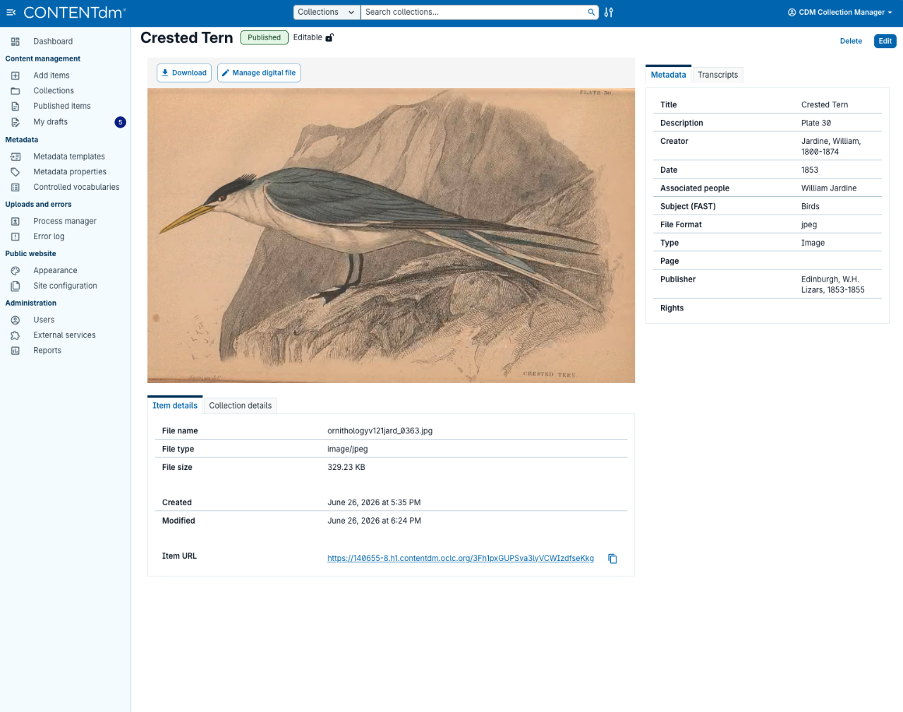 screenshot: CONTENTdm individual record
