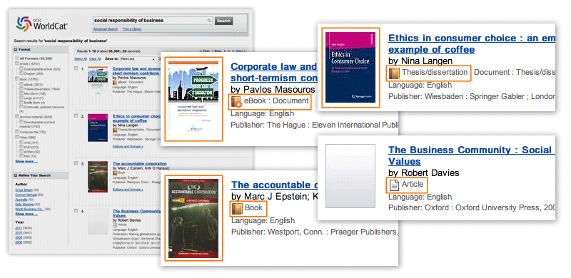 Illustration: Search results at Worldcat.org present many types of content from many publishers and aggregators Illustration: Search results at Worldcat.org present many types of content from many publishers and aggregators
