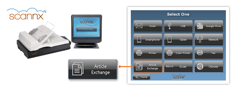 Illustration: Scannx scanning solution integrates OCLC's 'Article Exchange' dropbox service as part of delivery options Illustration: Scannx scanning solution integrates OCLC's 'Article Exchange' dropbox service as part of delivery options