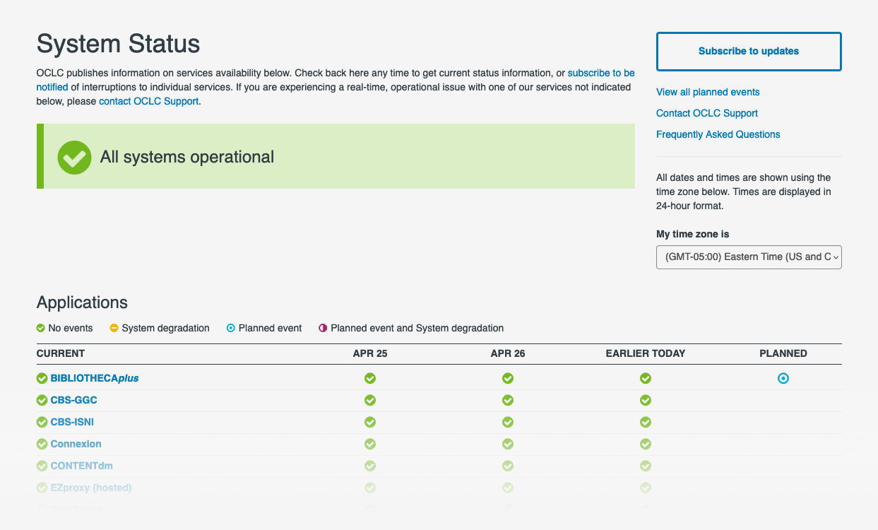 Example screen: OCLC system status