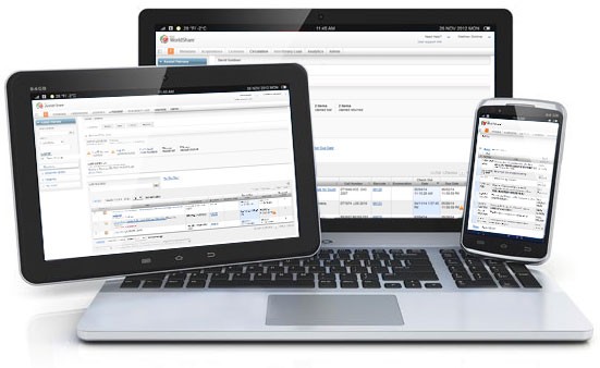 Laptop, tablet and phone showing WorldShare Circulation