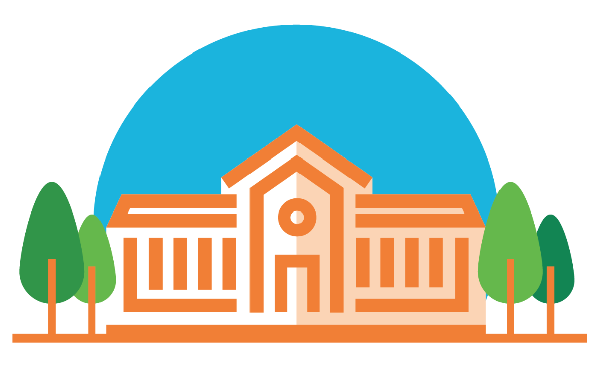 Ilustración: edificio que representa una biblioteca académica