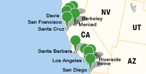 Mapa que muestra la ubicación de los campus de la University of California