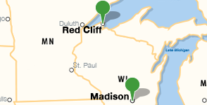 Mapa de la ubicación de University of Wisconsin - Madison y Red Cliff Band of Lake Superior Chippewa