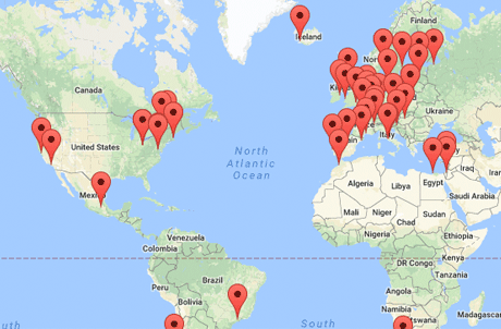 Mapa mundial de la ubicación de las bibliotecas colaboradoras del VIAF